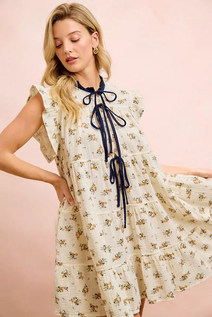 BiBi Floral Multi-tierd Dress With Ruffles And Front Tie