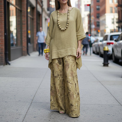 Cotton-Linen Irregular Hem Drop-Shoulder Top & Wide-Leg Pants Set | 3 Colors