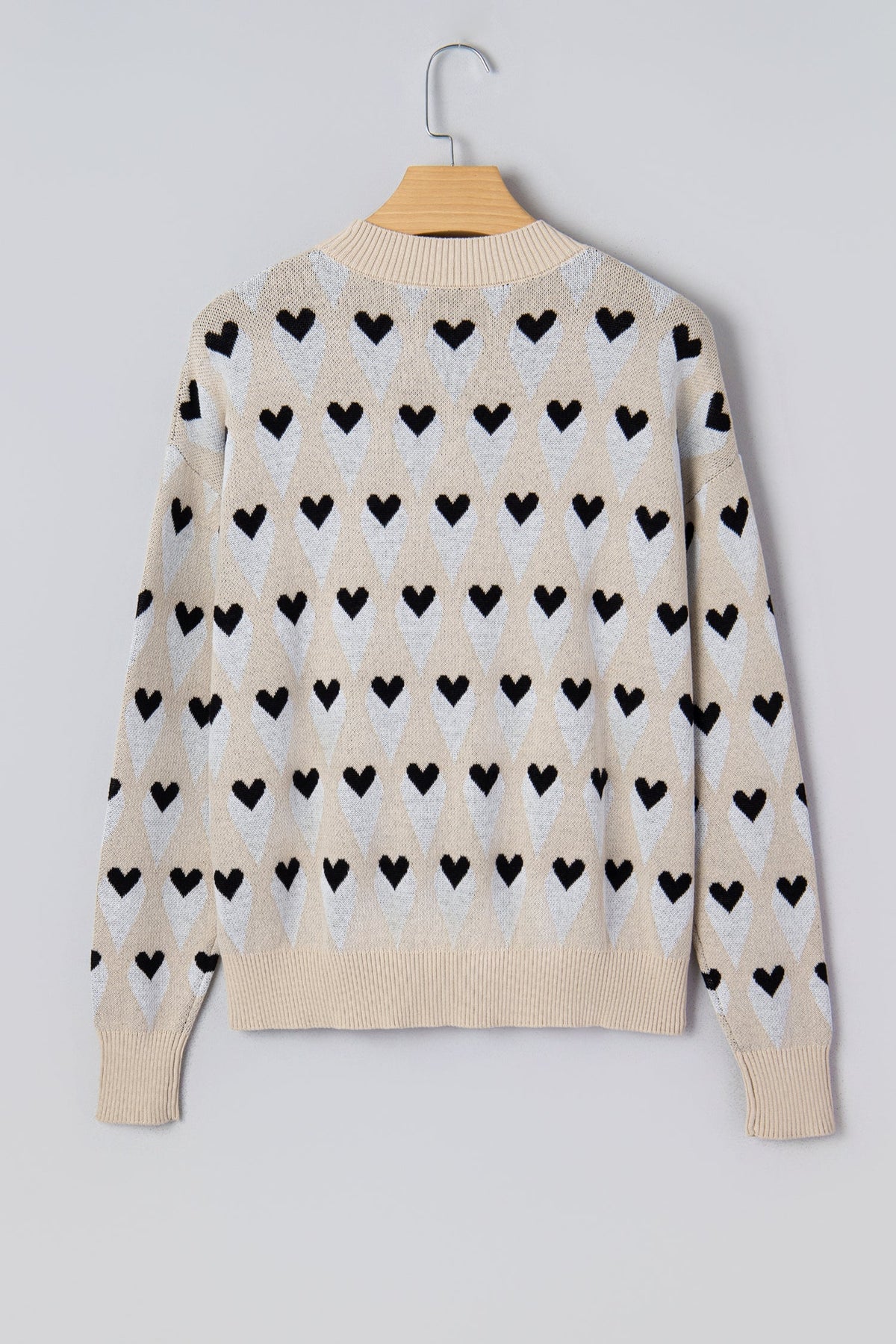 Brynlee Geometric Heart Print Ribbed Trim Loose Sweater
