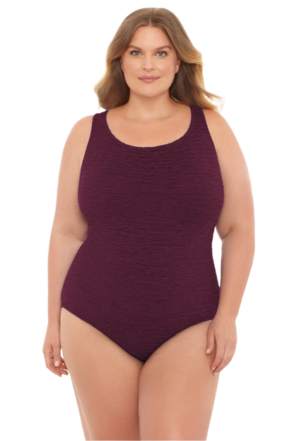 Penbrooke Krinkle Plus Size Chlorine Resistant Cross Back One Piece Swimsuit - Eggplant