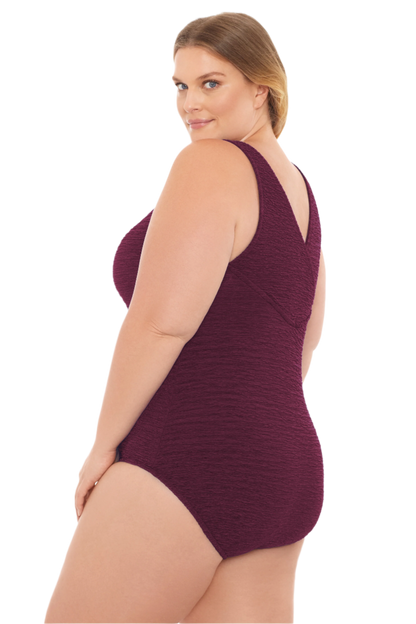 Penbrooke Krinkle Plus Size Chlorine Resistant Cross Back One Piece Swimsuit - Eggplant