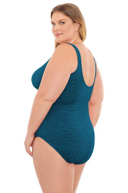 Penbrooke Krinkle Plus Size Chlorine Resistant Cross Over One Piece Swimsuit - Dark Teal Blue
