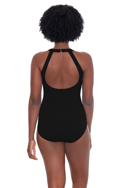 Penbrooke Krinkle Mastectomy High Neck Chlorine Resistant One Piece Swimsuit - Black