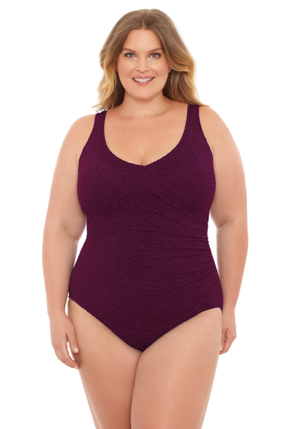 Penbrooke Krinkle Plus Size Chlorine Resistant Mock Surplice One Piece Swimsuit - Eggplant