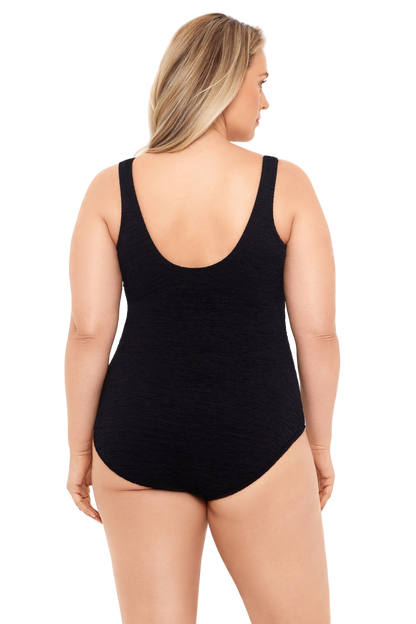 Penbrooke Krinkle Plus Size Chlorine Resistant Mock Surplice One Piece Swimsuit - Black