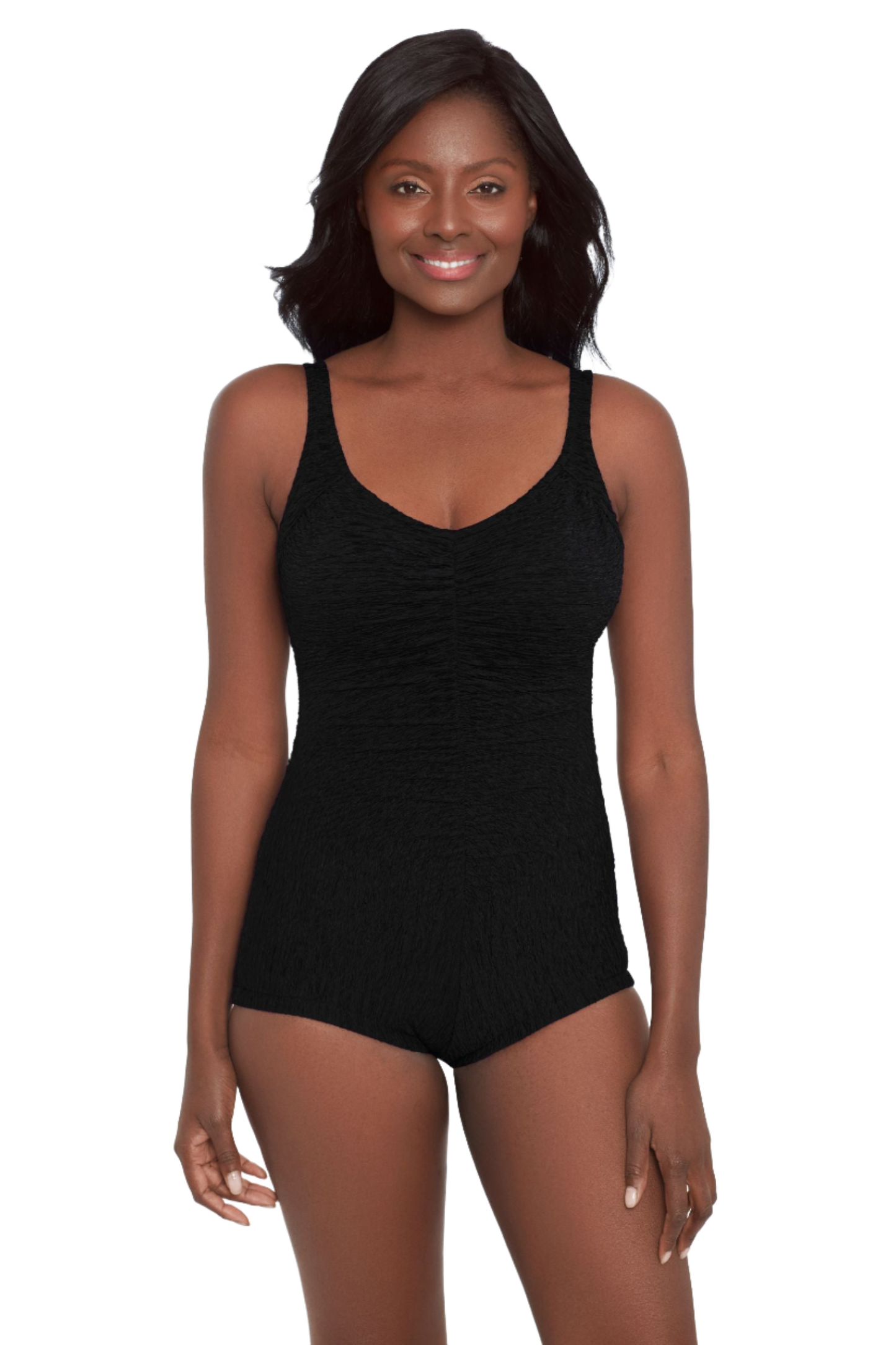 Penbrooke Krinkle Chlorine Resistant Shirred Girl Leg One Piece Swimsuit - Black