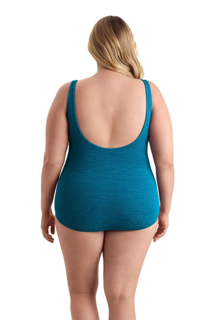 Penbrooke Krinkle Plus Size Sheath One Piece Scoop Neck Chlorine Resistant Swimsuit - Dark Teal Blue