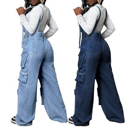 Wide leg denim loose overalls