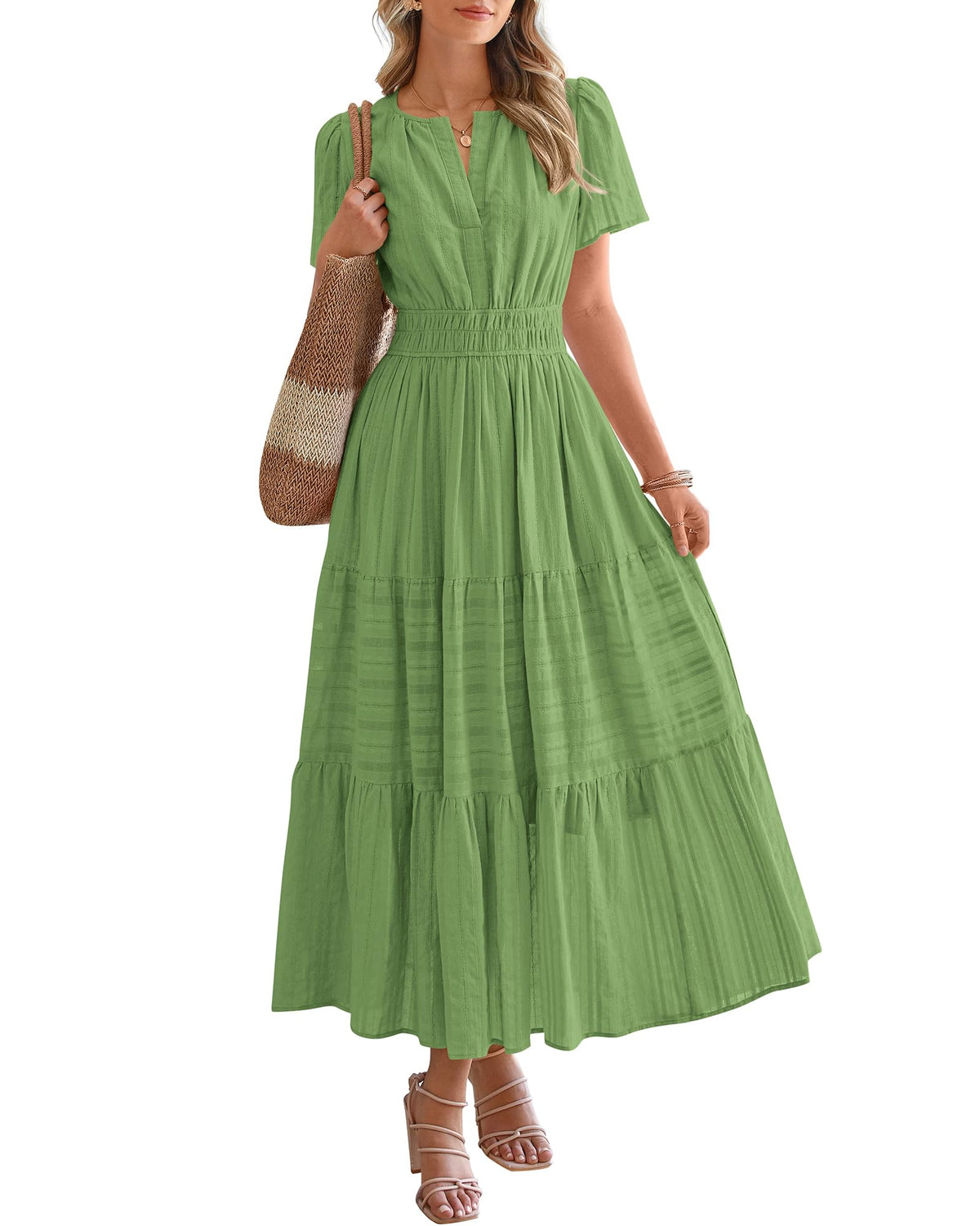 Women's Lightweight Short Sleeve V Neck Elastic Waist Dresses