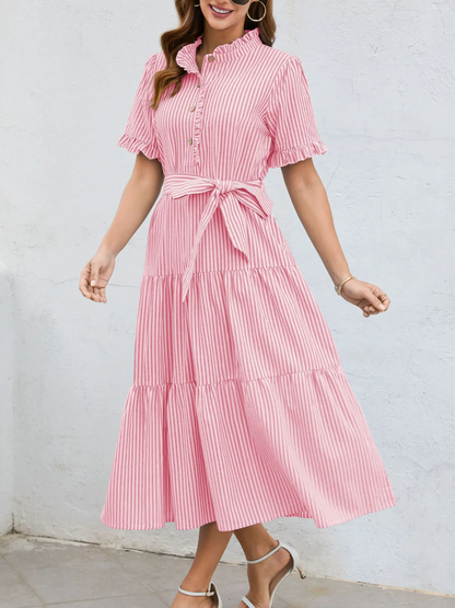 Women's Striped Ruffle Neck Tie-Waist Tiered Midi Dress