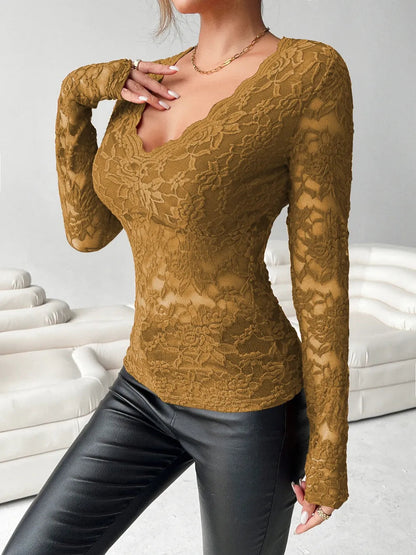 V-neck fan-shaped collar solid color long sleeved slim fit top with lace top