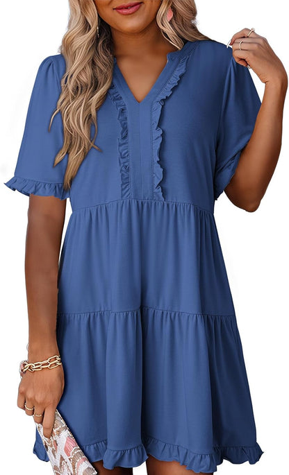 ✨Womens Dresses  V Neck Short Sleeve Casual A Line Flowy Swing Shift Dress