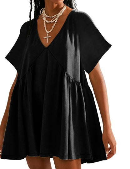 Womens Summer Mini Dress Casual Short Sleeve Loose V Neck