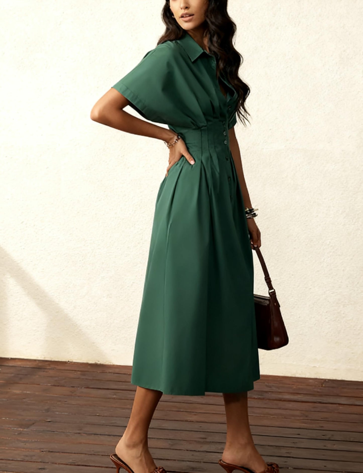 Shirt Dress for Women Summer Casual Short Sleeve Button Down Loose Pleated