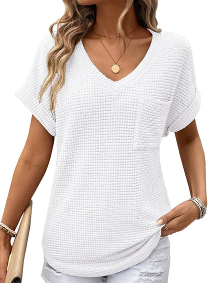 ✨Women's Oversized Waffle V Neck Short Sleeve Casual Top