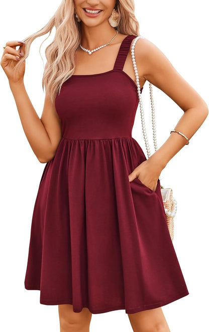 ✨Women's Summer Square Neck A-Line Mini Dress with Pockets