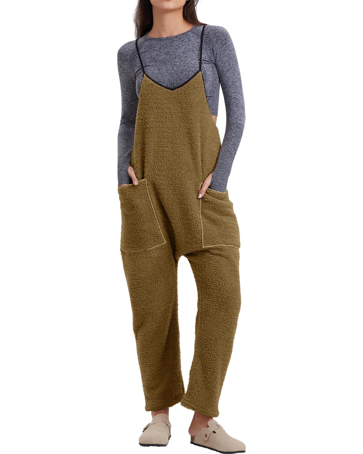 ✨Womens Fleece Overalls Loose Fit Adjustable Strap Jumpsuits Warm Fashion Work Outfits