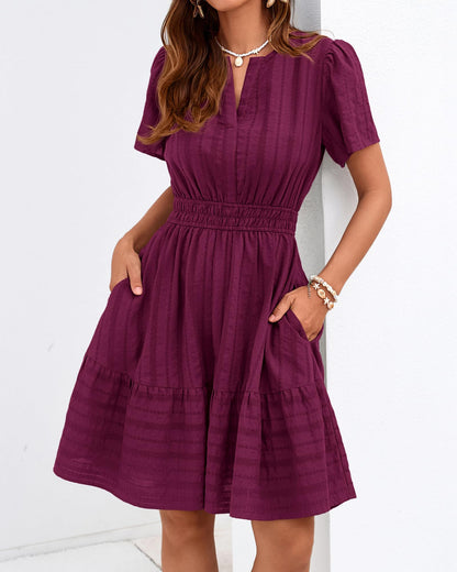 Women's V-Neck Elastic Waist Tiered Mini Dress