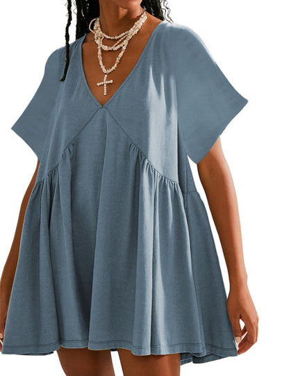 Womens Summer Mini Dress Casual Short Sleeve Loose V Neck