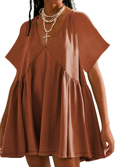 Womens Summer Mini Dress Casual Short Sleeve Loose V Neck