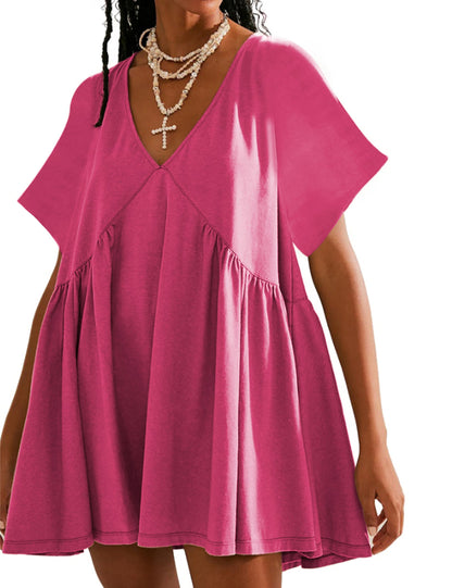 Womens Summer Mini Dress Casual Short Sleeve Loose V Neck