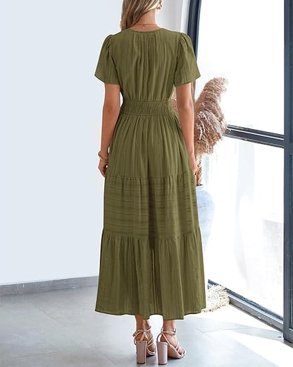 Women's Lightweight Short Sleeve V Neck Elastic Waist Dresses