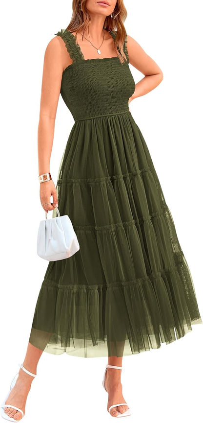 ✨Women's Casual Sleeveless Square Neck Smocked Ruffle Tulle Party Wedding Guest Dresses