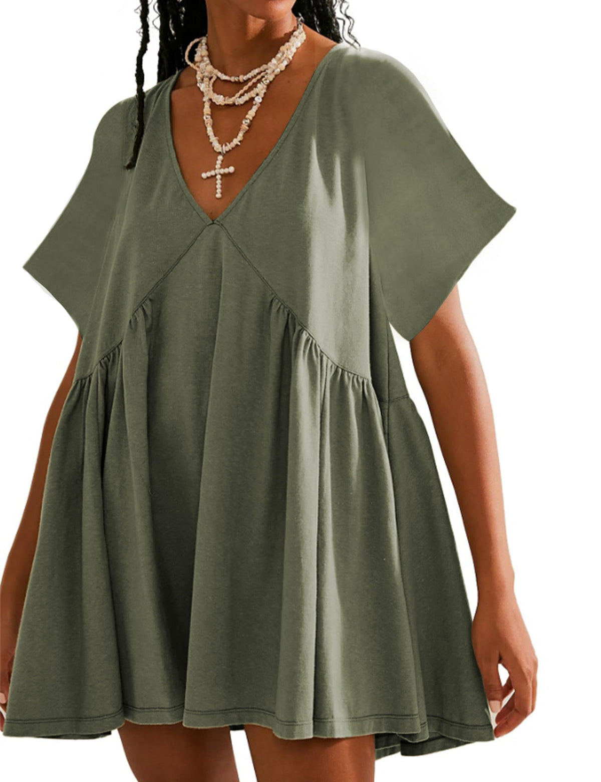 Womens Summer Mini Dress Casual Short Sleeve Loose V Neck