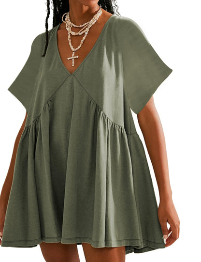Womens Summer Mini Dress Casual Short Sleeve Loose V Neck
