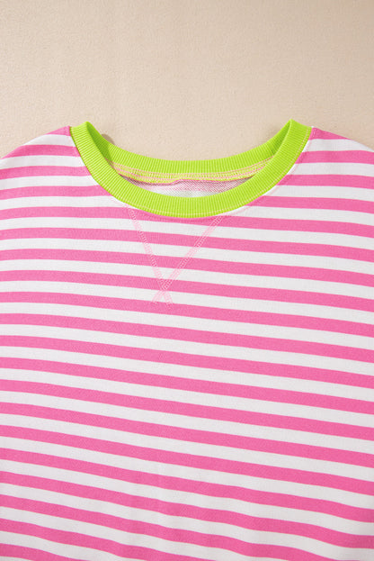 Baya Striped Contrast Trim Drop Shoulder Sweatshirt - Pink