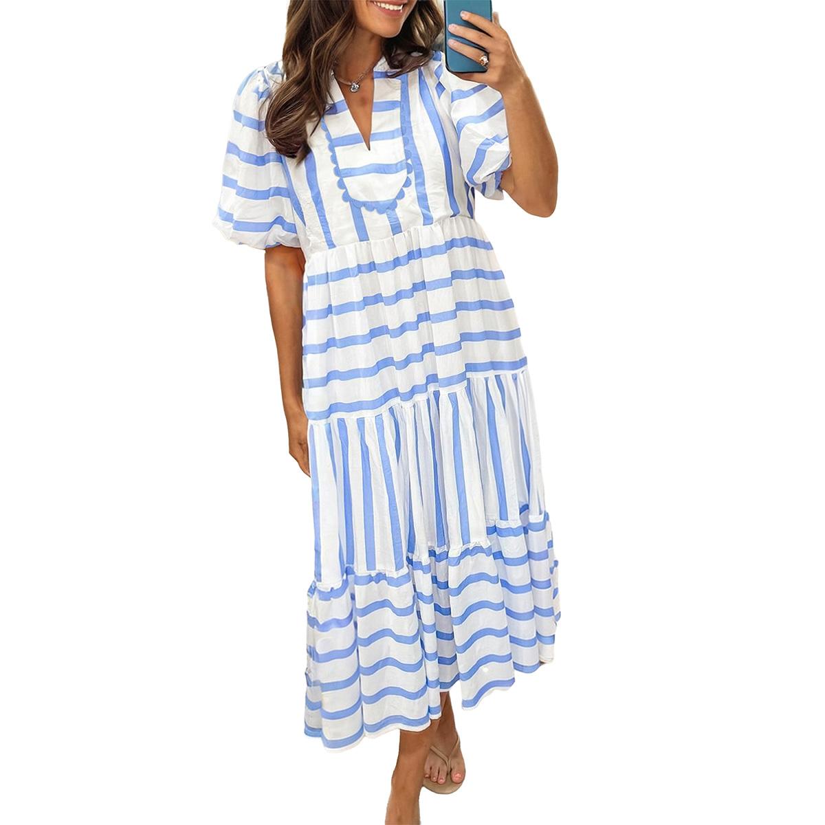 ✨Women's Short Bubble Sleeve Striped Dress With Pockets