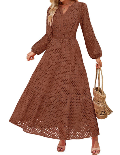 Women's 2026 V Neck Hollow Out Eyelet A Line Long Flowy Dresses