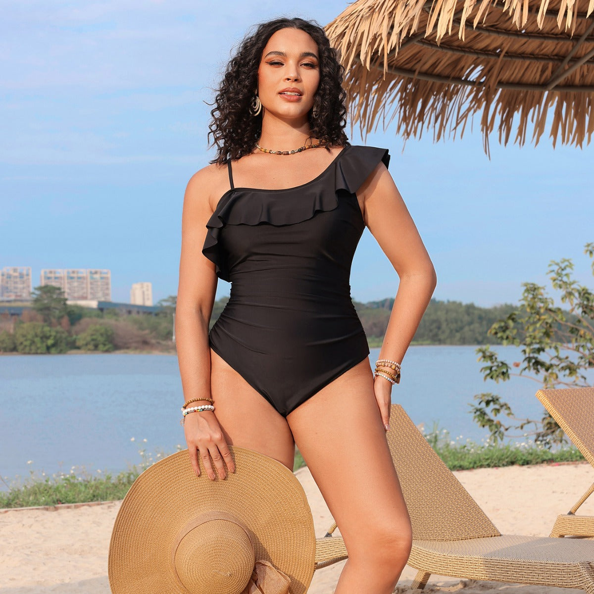 Single shoulder lace pleated one-piece swimsuit