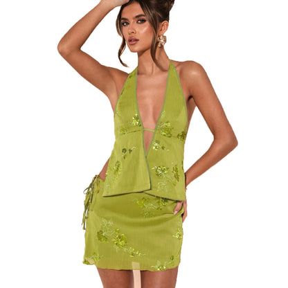 Sexy slim fit backless strap hanging neck skirt set for women