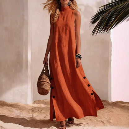 Cotton Linen Sleeveless Midi Dress – Side Slits & Loose Fit
