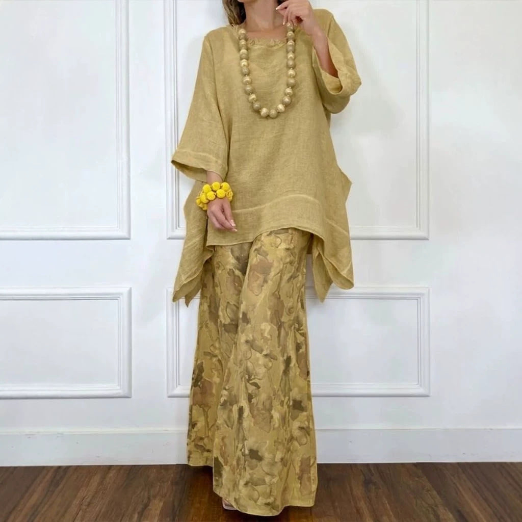 Cotton-Linen Irregular Hem Drop-Shoulder Top & Wide-Leg Pants Set | 3 Colors