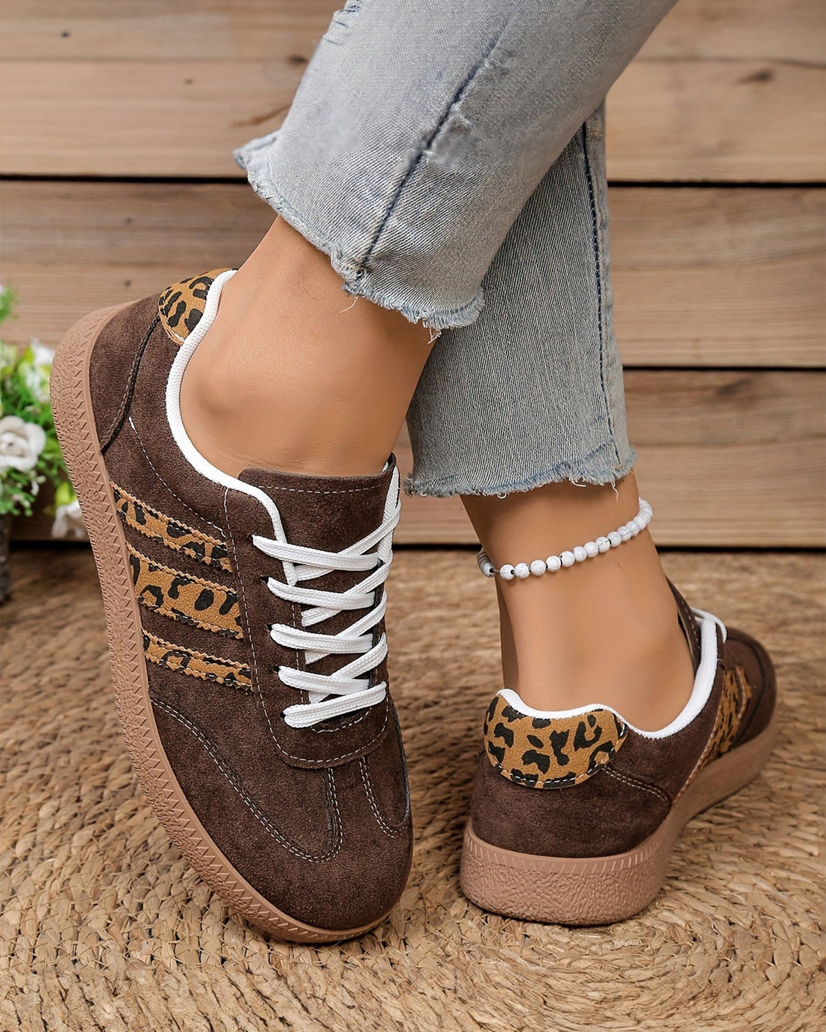 Coffee Contrast Lace-up Leopard Patchwork Detail Shoes