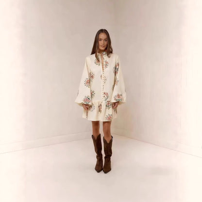 Digital Print Lantern Sleeve Linen Midi Dress – Loose Fit Pullover