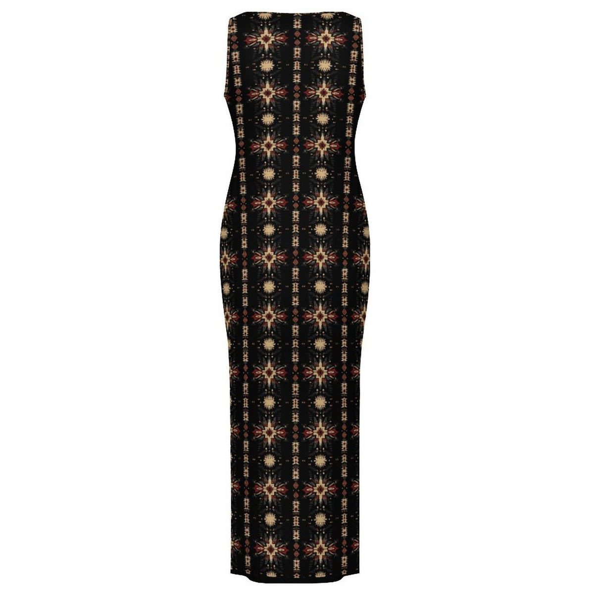 Baha Ranch Black and Tan Aztec Sleeveless Bodycon Side Slit Maxi Dress
