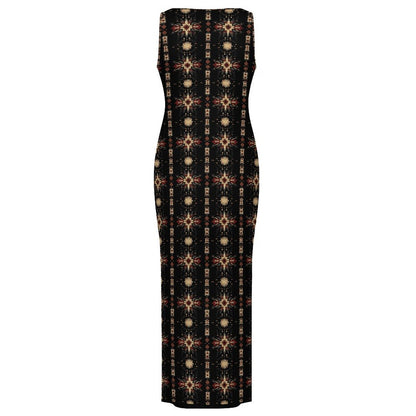 Baha Ranch Black and Tan Aztec Sleeveless Bodycon Side Slit Maxi Dress