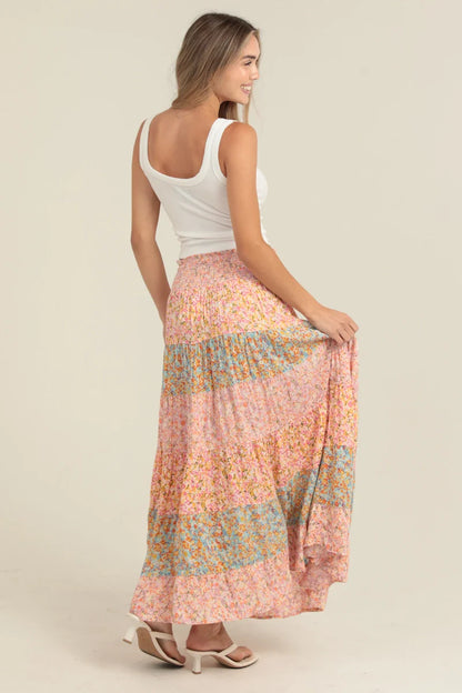 Angie Mixed Print Tiered A Line Maxi Skirt - Pink