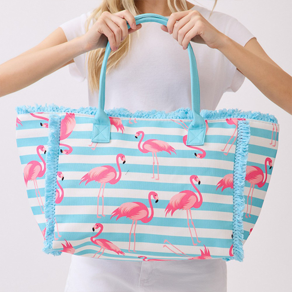 Flamingo Stripe Fringe Tote Blue
