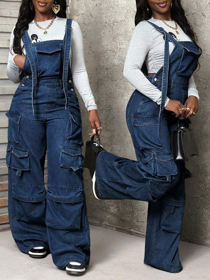 Wide leg denim loose overalls