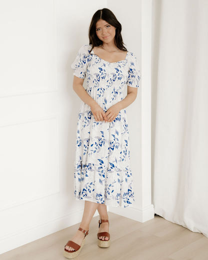 Faith Smocked Bodice Short Puff Sleeve Tiered Floral Midi Dress