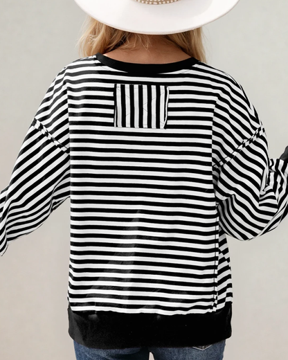 Annie Exposed Seam Drop Shoulder Casual Pullover Top - Black