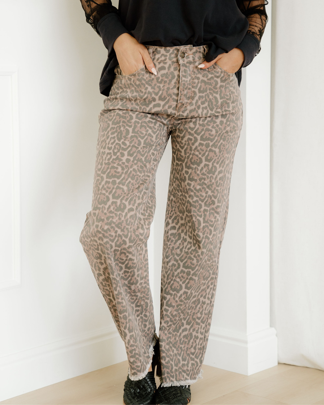 Emiliana Leopard Frayed Edge Wide Leg High Waist Jeans