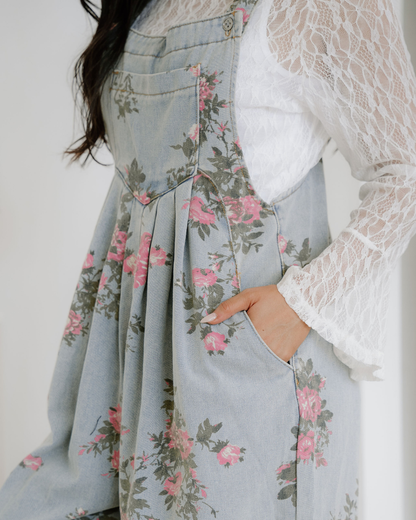 Floral Pleated Wide Leg Denim Overalls