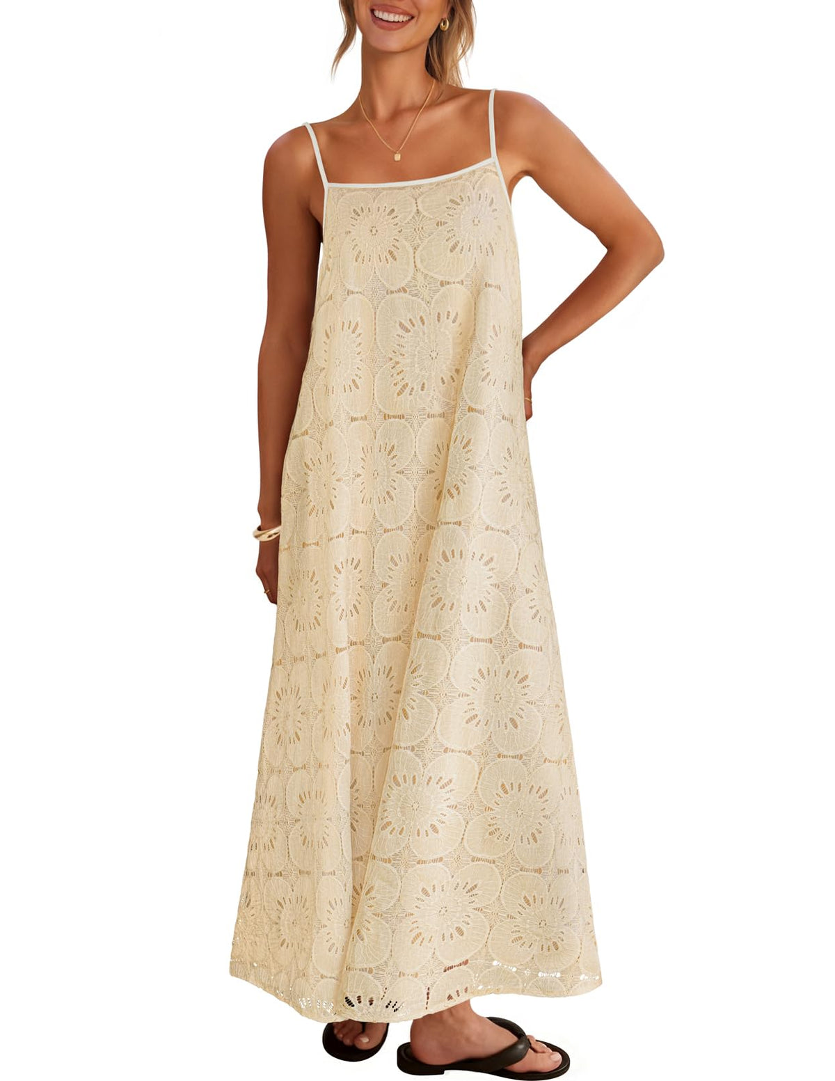2026 Casual Sleeveless Floral Lace Eyelet Boho Beach Maxi Dress
