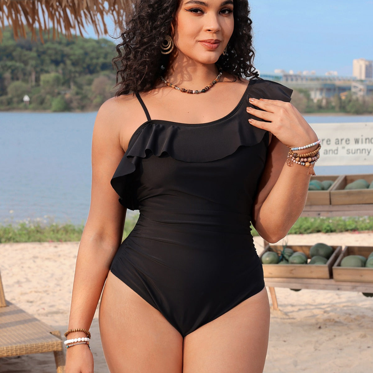 Single shoulder lace pleated one-piece swimsuit