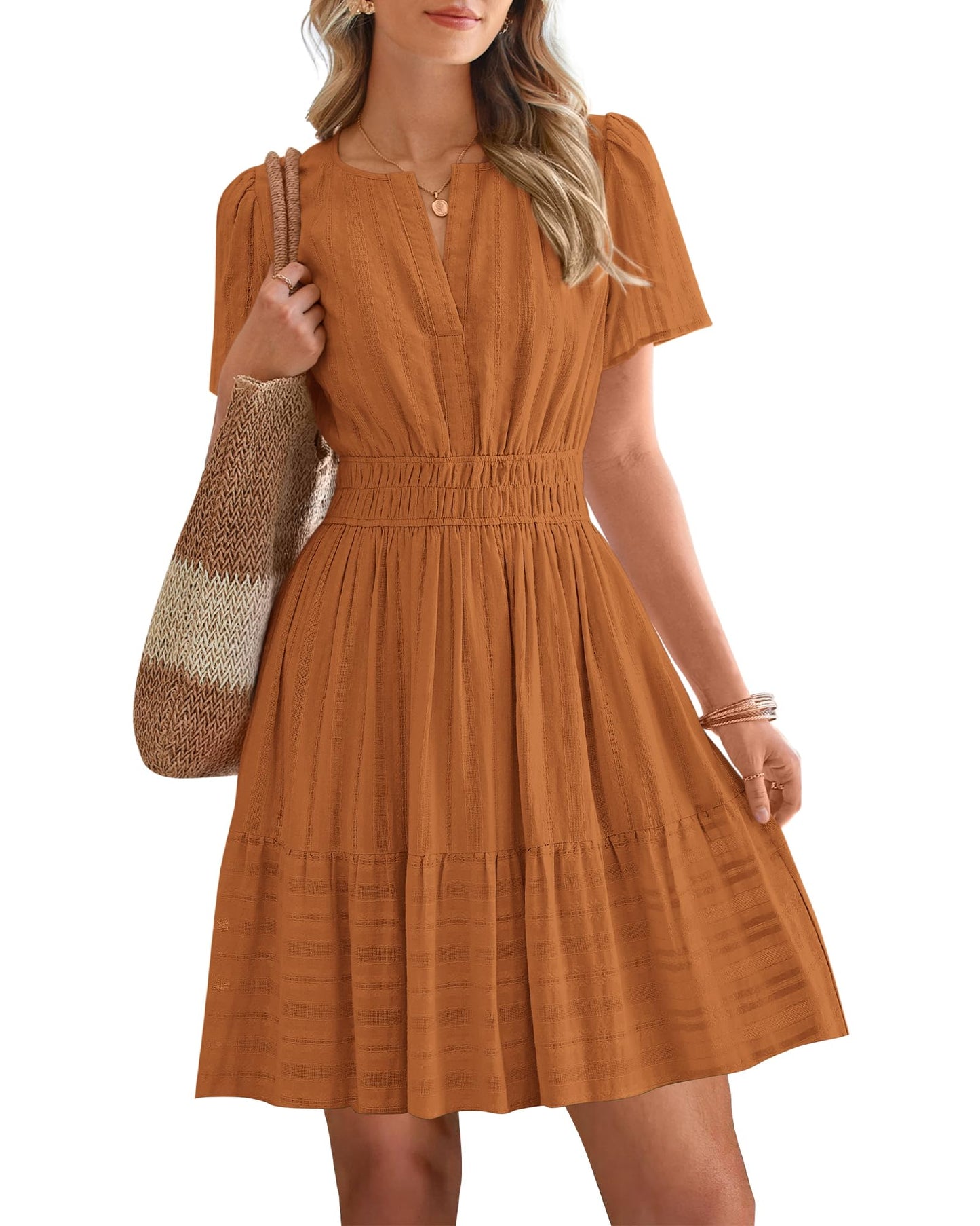 Women's V-Neck Elastic Waist Tiered Mini Dress